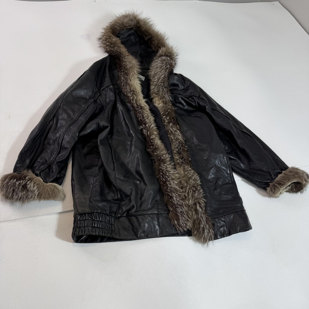 Saga Fox Coat Womens Large Black Leather Hooded Fur Trim Parka Elastic Waist